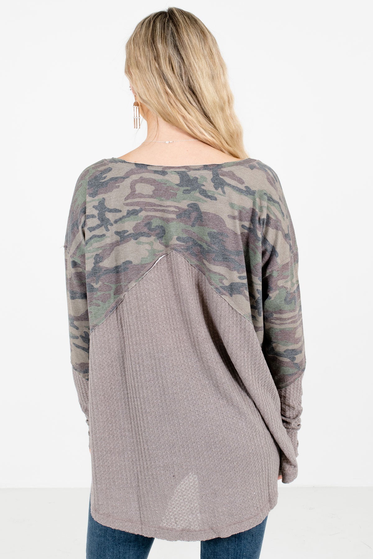 Women's Gray Waffle Knit Material Boutique Tops