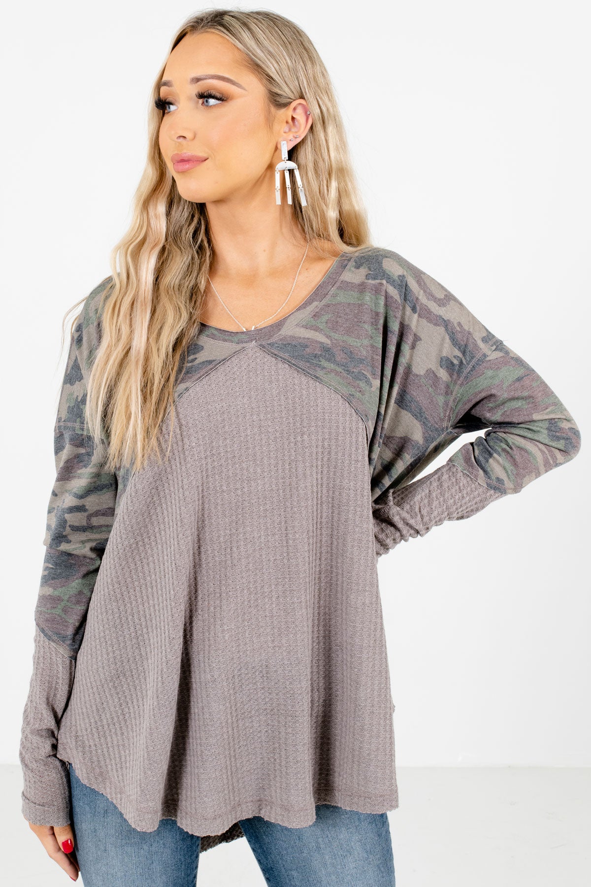 Gray and Green Camo Print Boutique Tops for Women