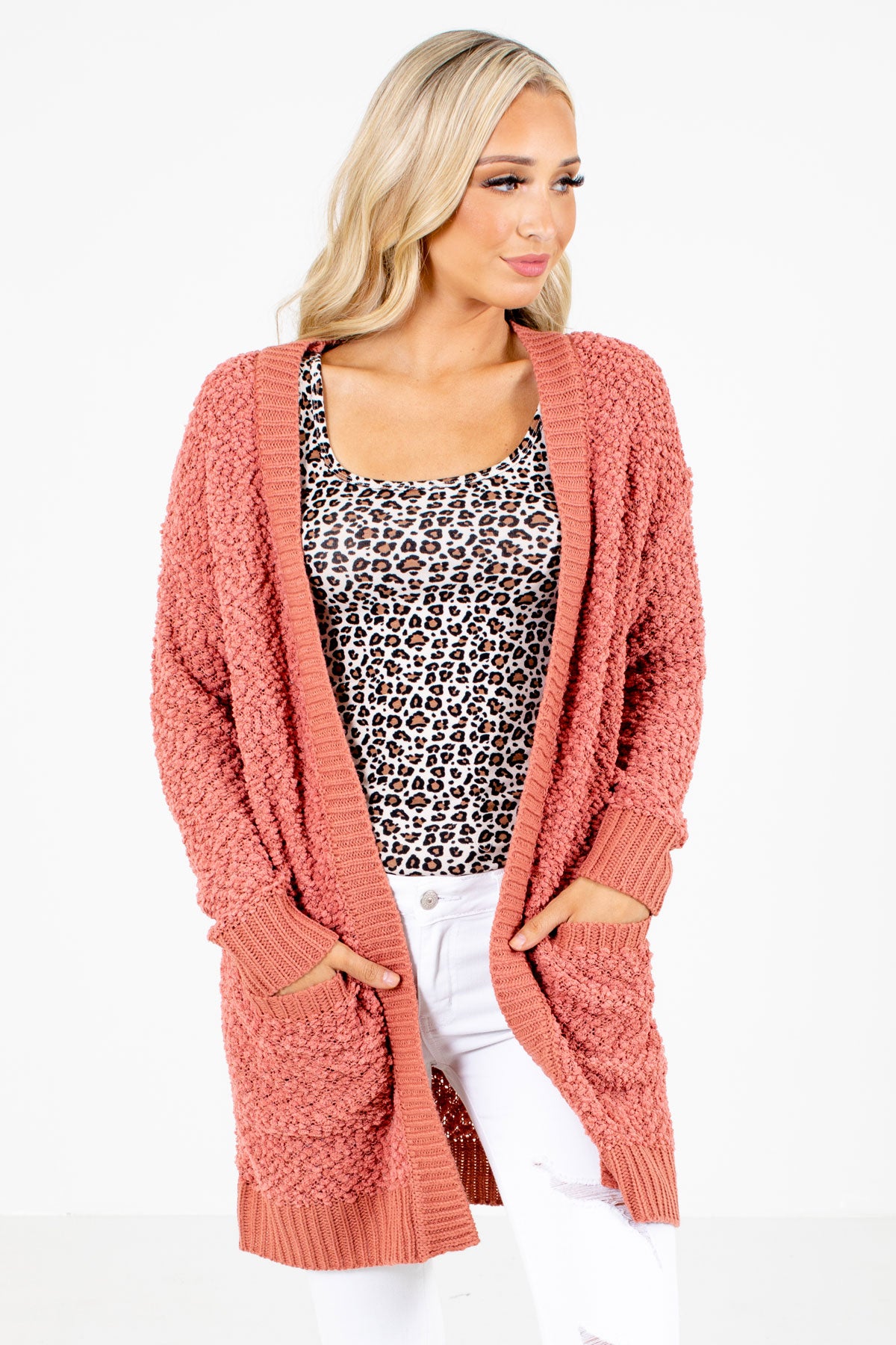 Pink Popcorn Knit Material Boutique Cardigans for Women