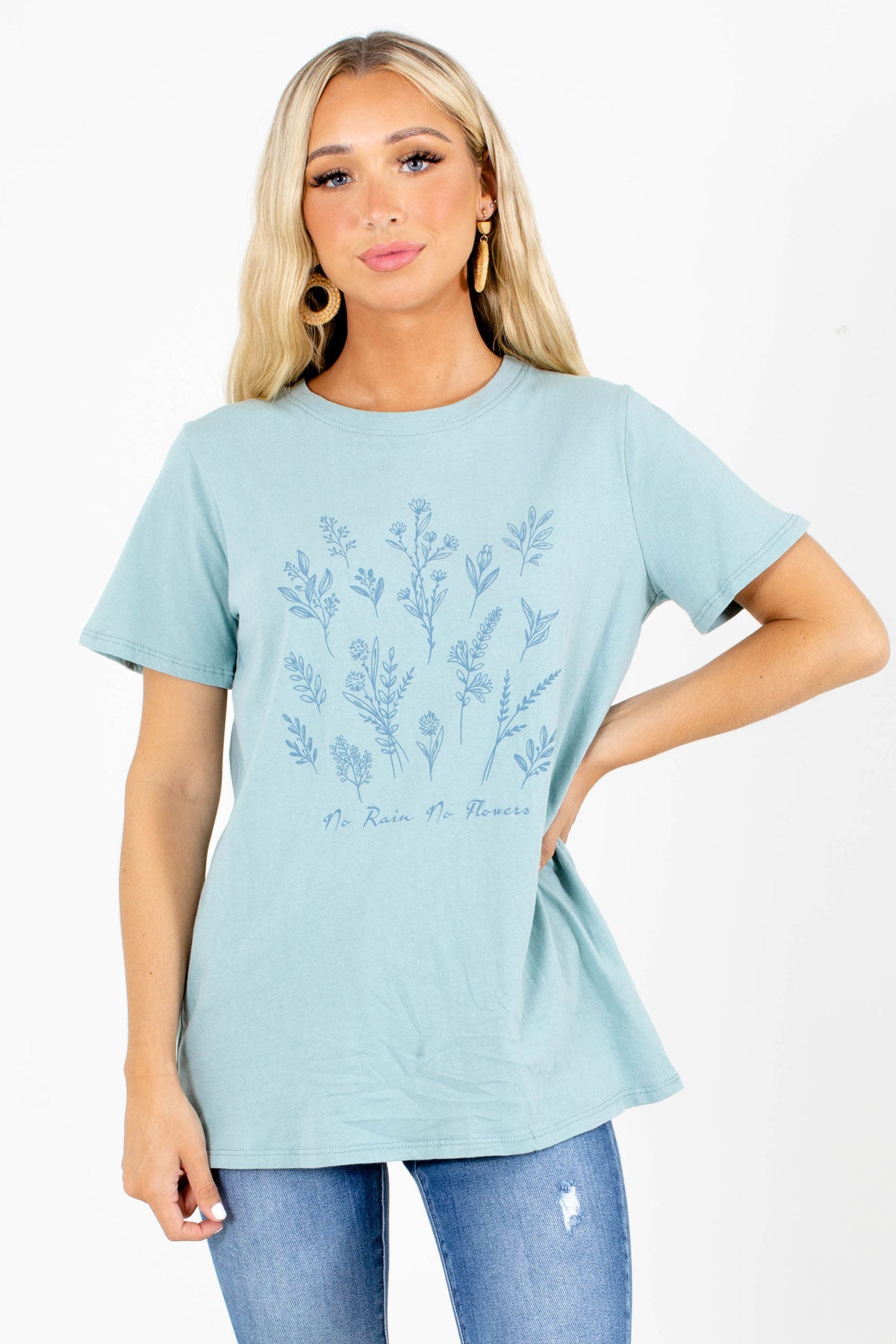Blue Round Neckline Boutique Graphic T-Shirts for Women