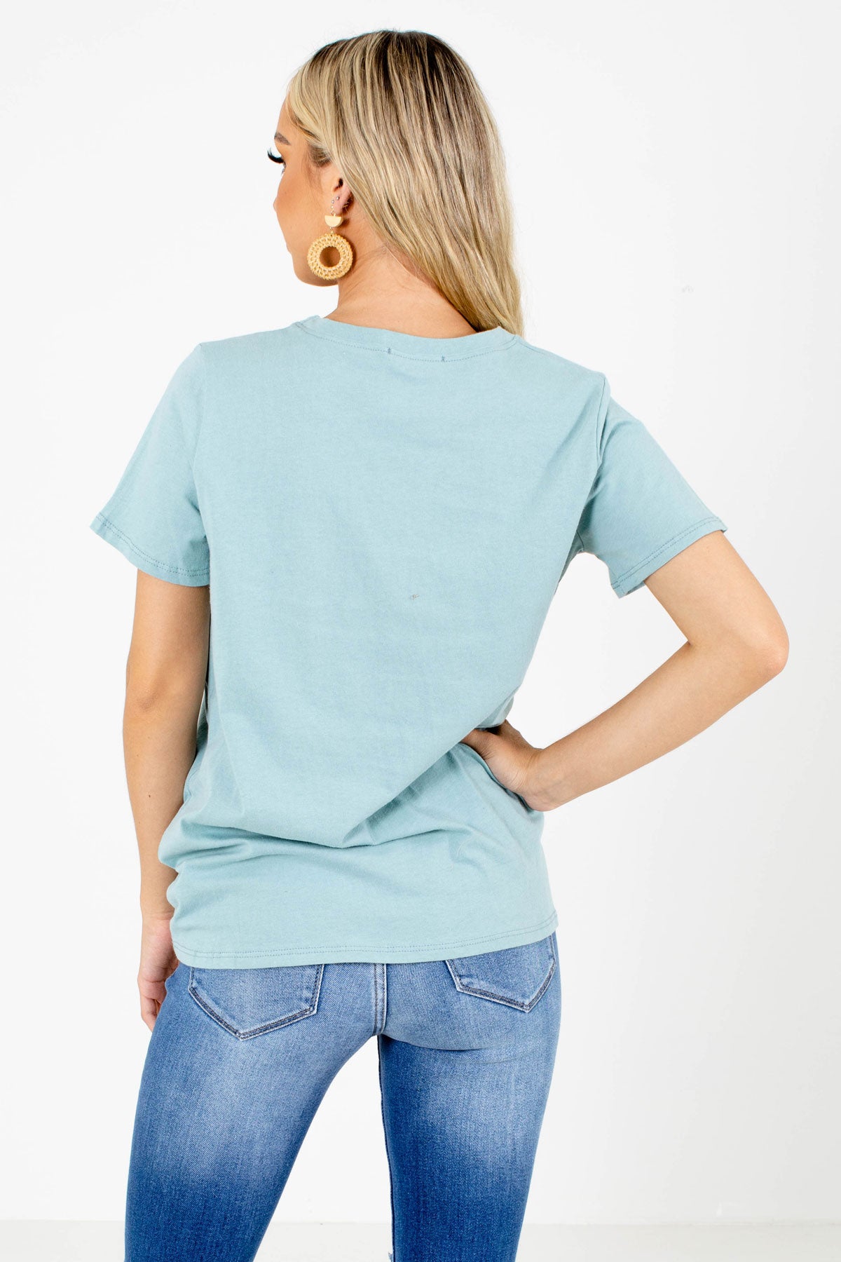 Women's Blue "No Rain No Flower" Lettering Boutique Graphic T-Shirt