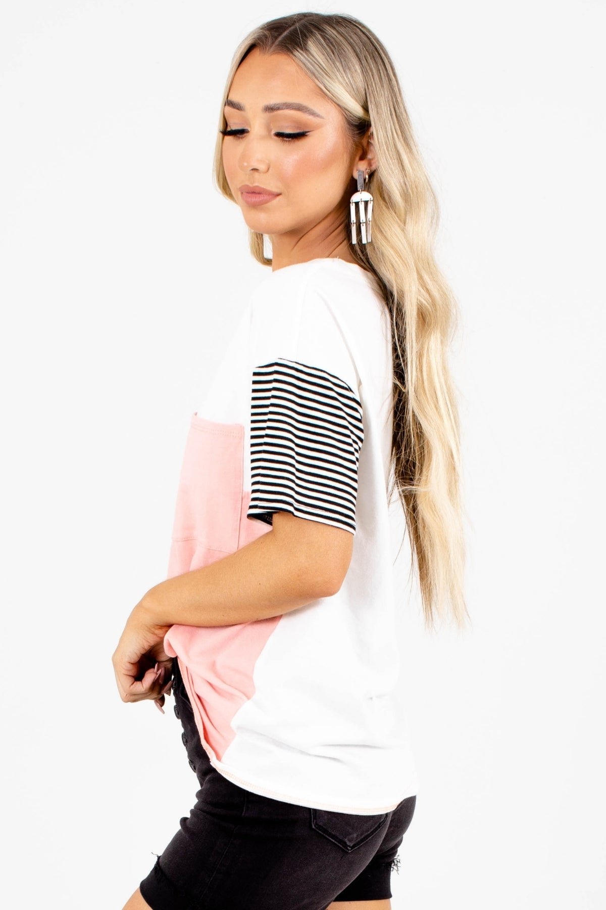 Blush and White Colorblock Short Sleeve Top with Striped Sleeve