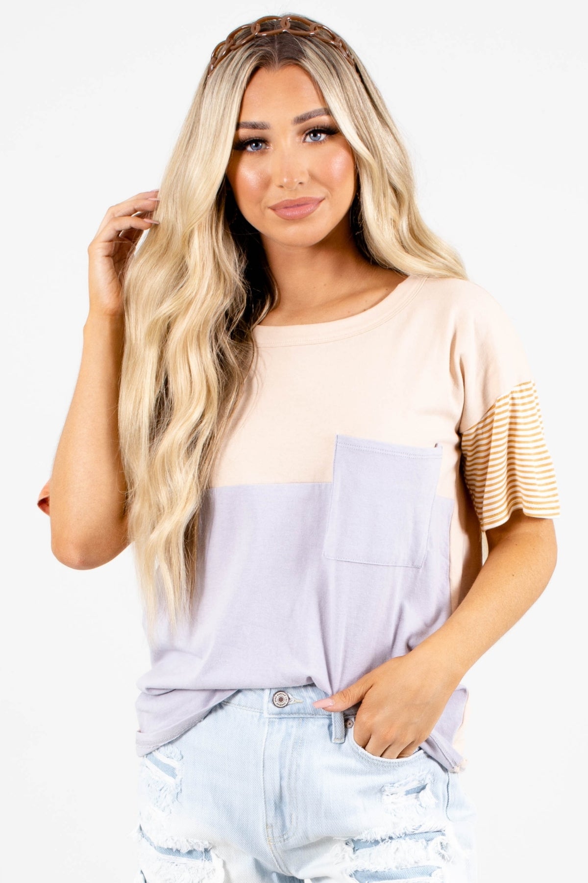 Women's Short Sleeve Colorblock Top in Sandy Brown and Gray-Lavender