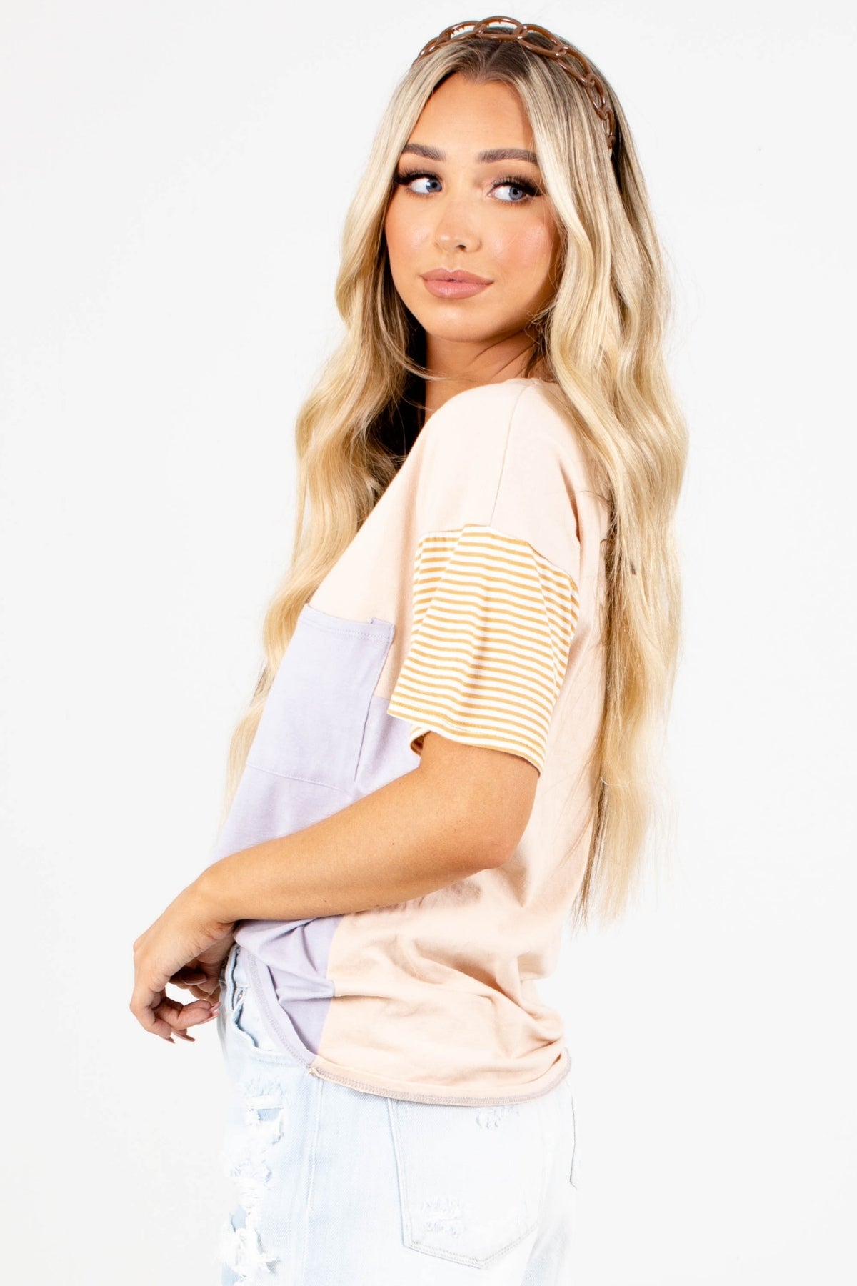 Striped Sleeve Top in Sand Brown for Women