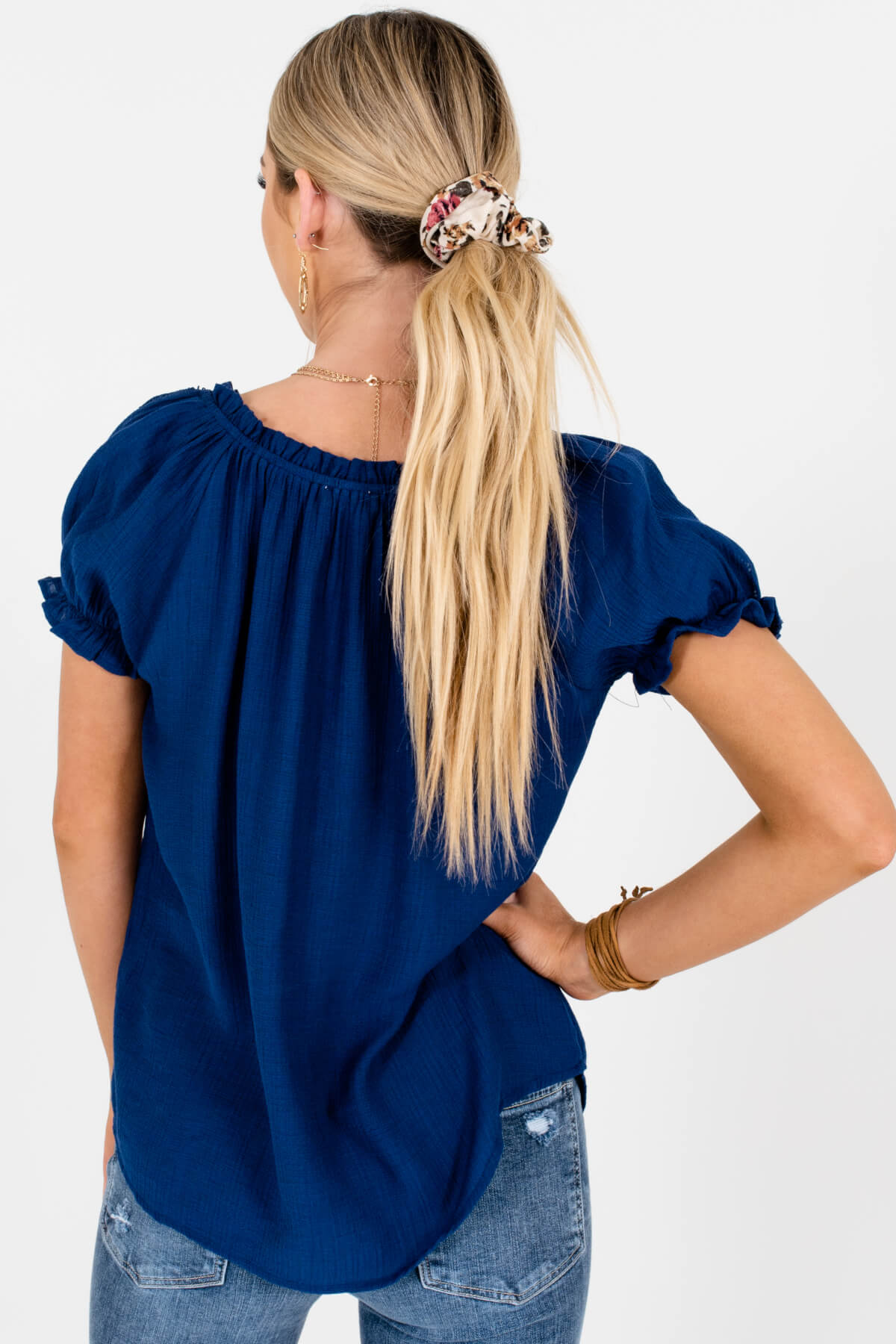 Women's Navy Blue Puff Style Sleeve Boutique Blouse