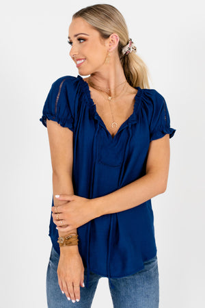Navy Blue Cinched V-Neckline Boutique Blouses for Women