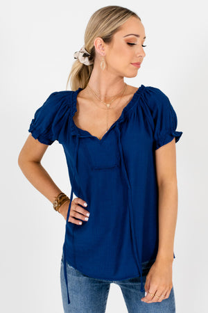 Navy Blue Peasant Style Boutique Blouses for Women