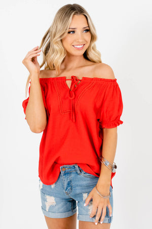 Red Cinched V-Neckline Boutique Blouses for Women