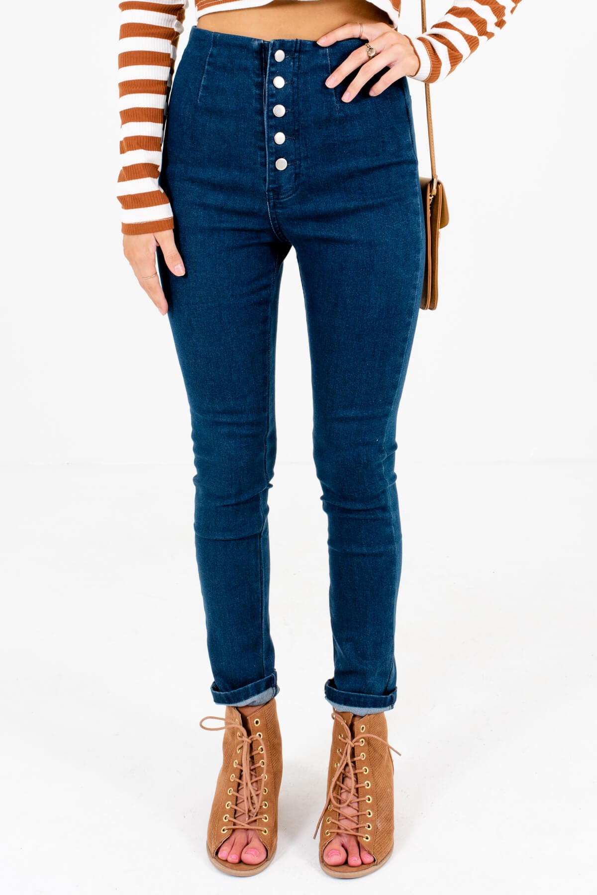 Dark Wash Blue Button-Up Front Boutique Skinny Jeans for Women
