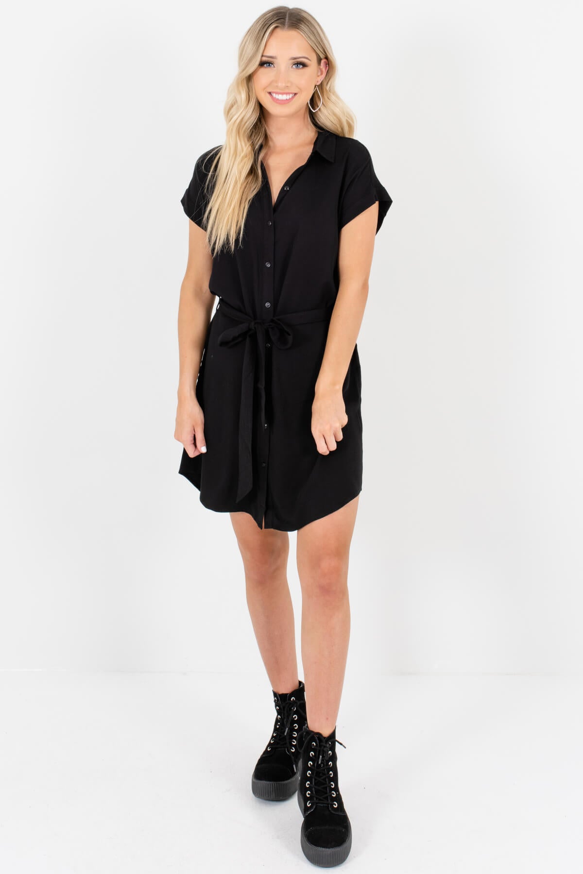 Black Shirt Collar Button Up Mini Dresses Affordable Boutique