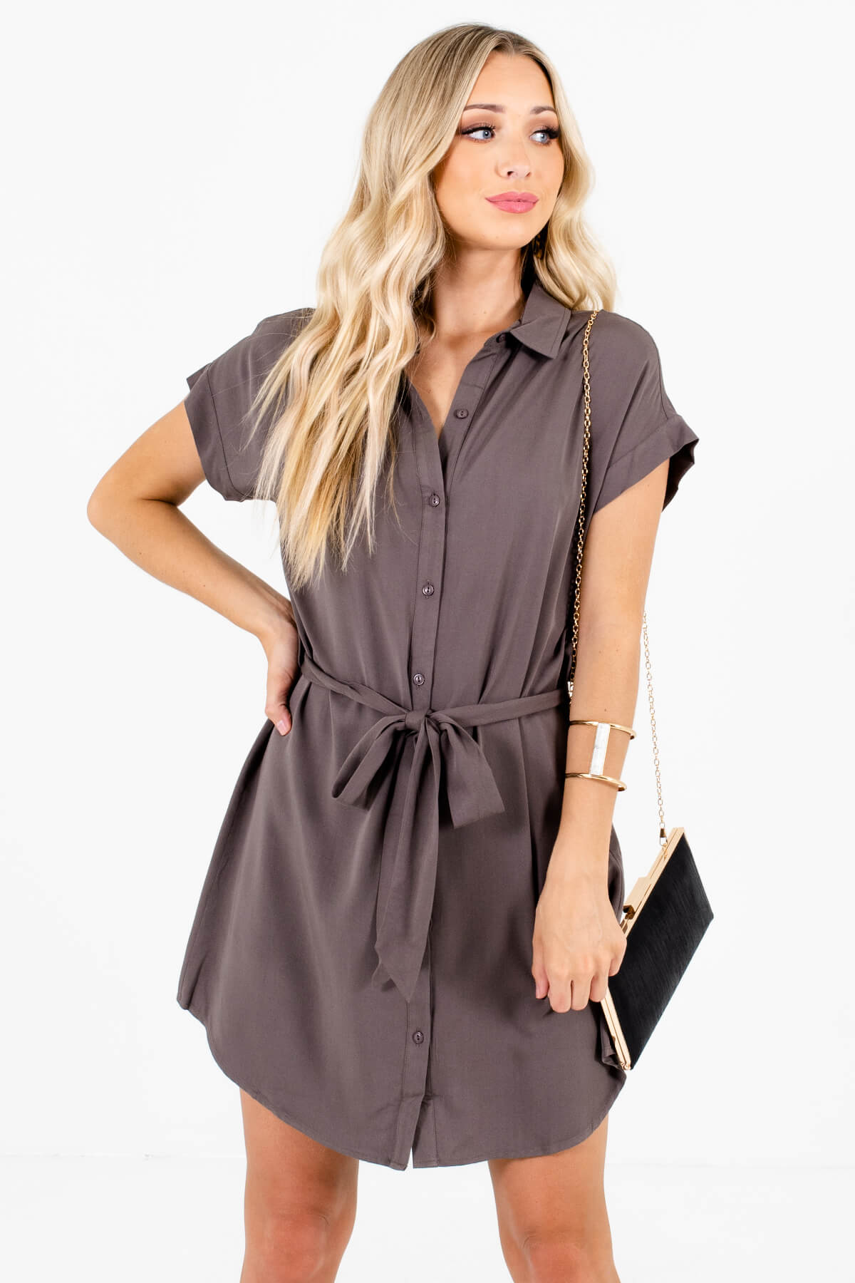 Gray Shirt Collar Button Up Mini Dresses Affordable Boutique