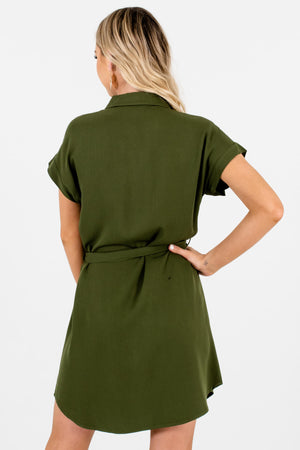 Olive Green Shirt Collar Button-Up Mini Dresses for Women