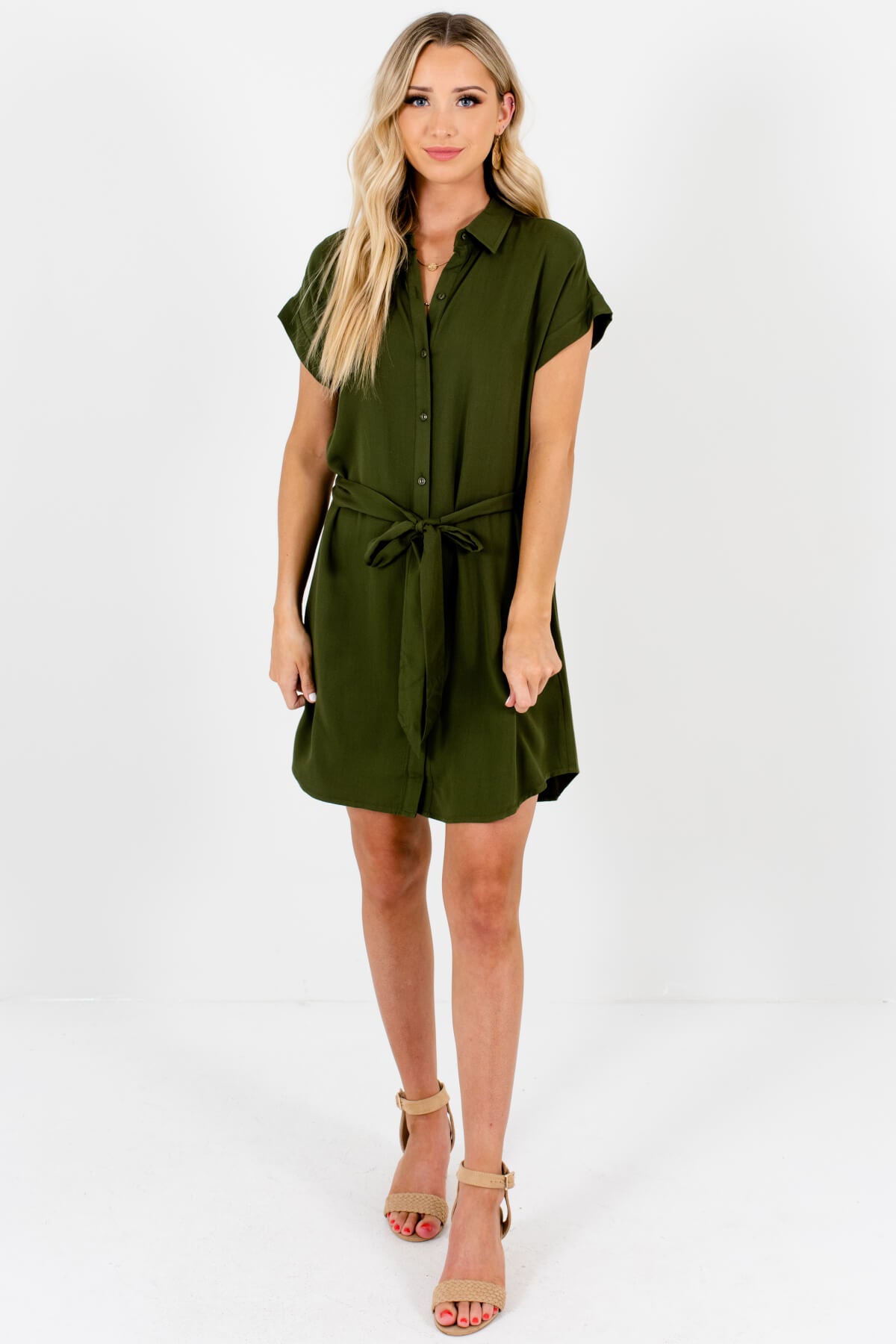 Olive Green Shirt Collar Button Up Mini Dresses for Women
