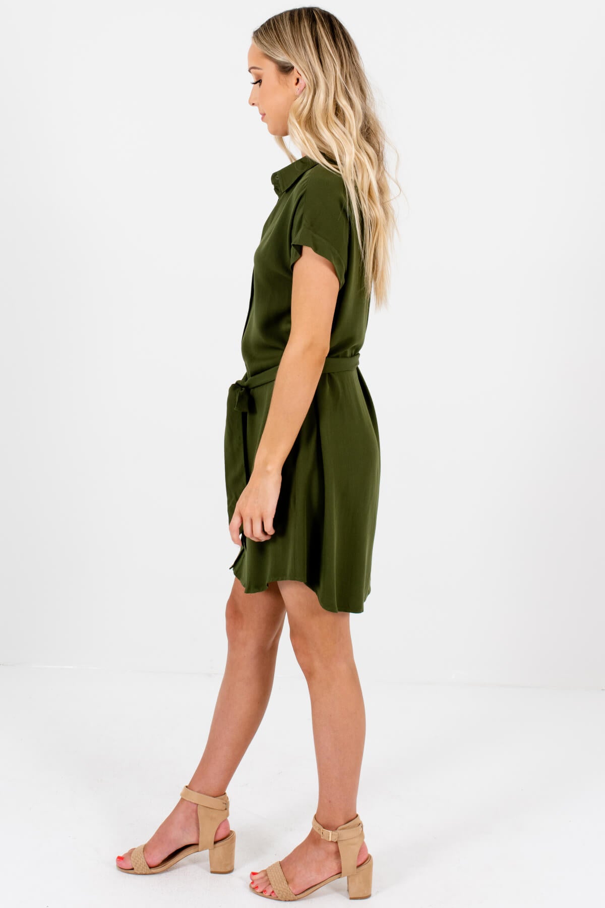 Olive Green Button Up Mini Shirt Dresses Affordable Boutique