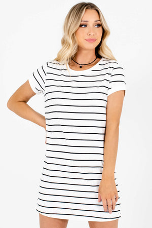 White Black Striped Long T-Shirt Tunic Mini Dresses for Women