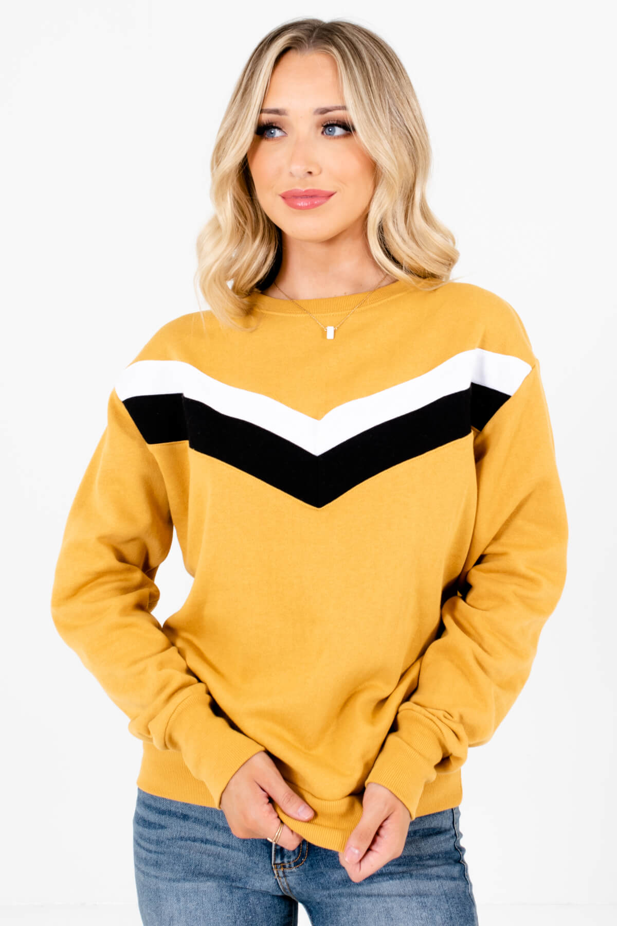 Mustard Yellow Retro Stripe Patterned Boutique Pullovers for Women