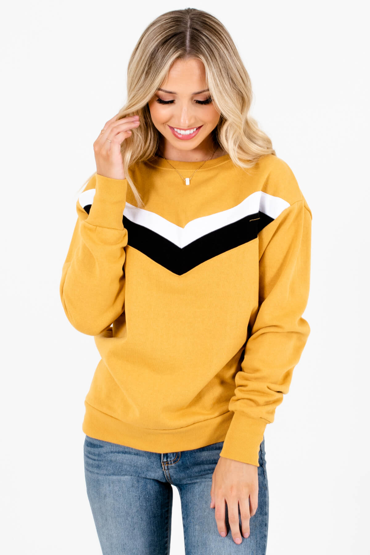 Mustard Yellow Long Sleeve Boutique Pullovers for Women