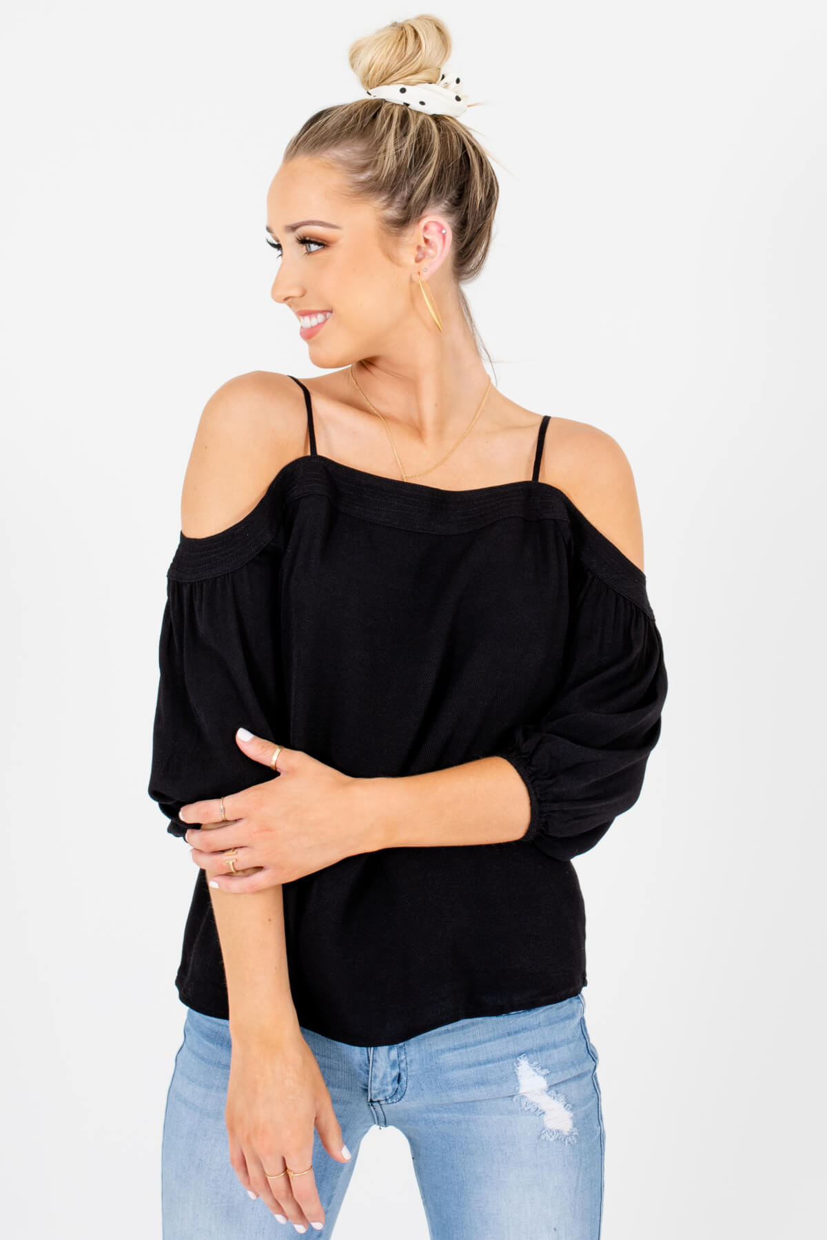 Black Pleated Accented Boutique Cold Shoulder Tops for Women