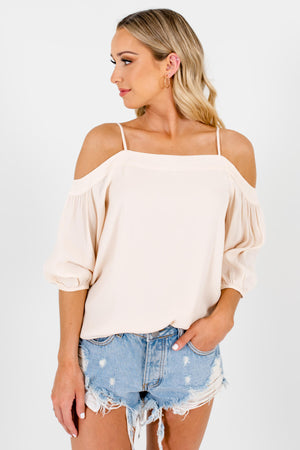 Cream Pleated Accents Boutique Tops for Women