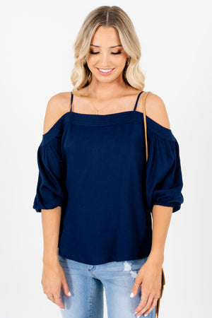 Navy Blue Cold Shoulder Style Boutique Tops for Women