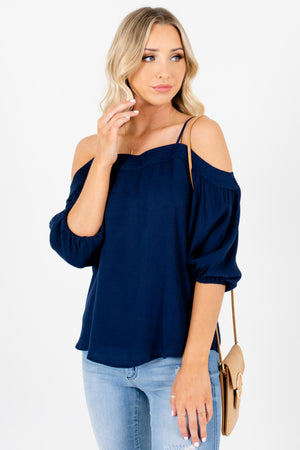 Navy Blue Pleated Accented Boutique Cold Shoulder Tops for Women