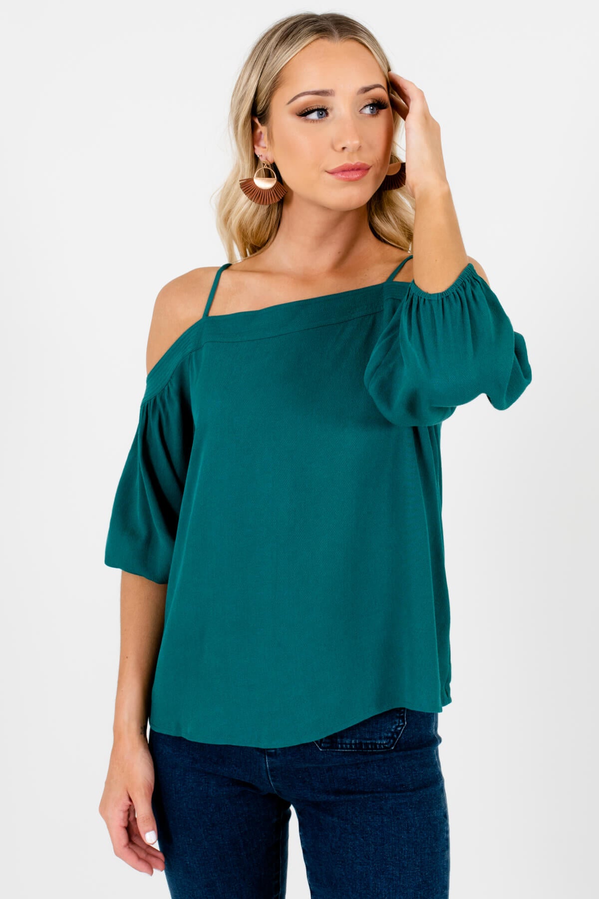 Teal Green Pleated Accents Boutique Tops for Women