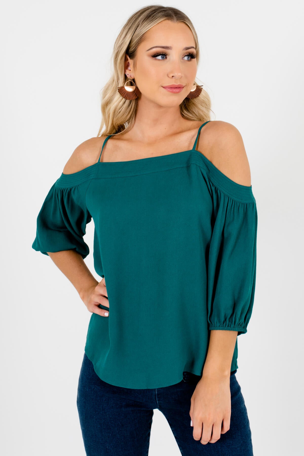 Teal cold outlet shoulder top