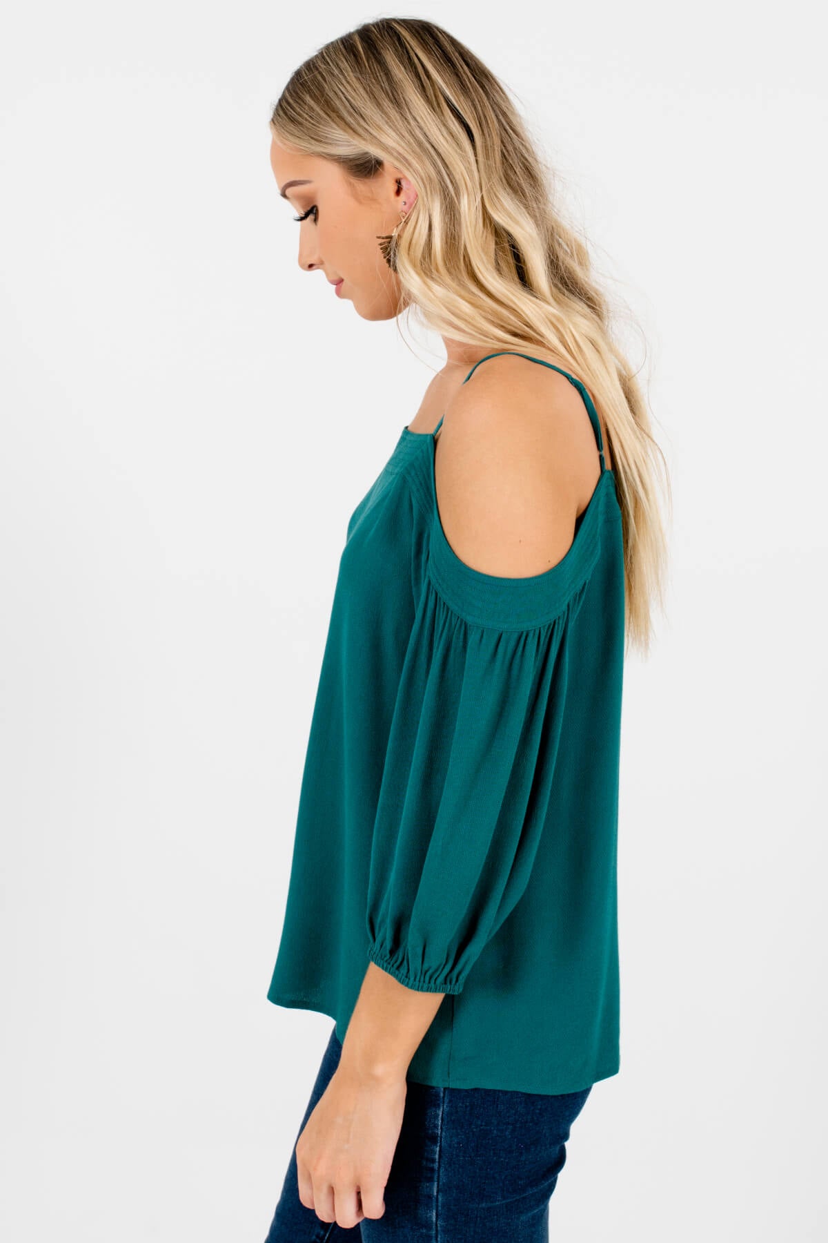 Women's Teal Green High-Quality Lightweight Material Cold Shoulder Boutique Tops