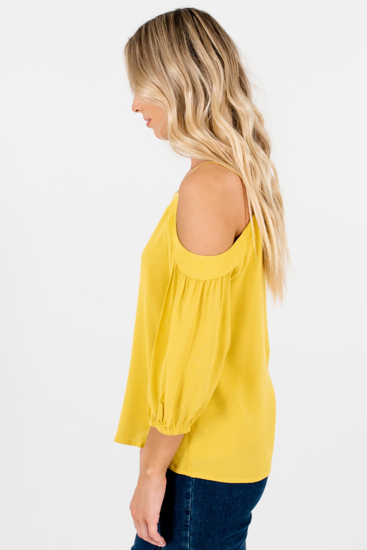 Yellow Pleated Accents Sleeve Boutique Tops for Women