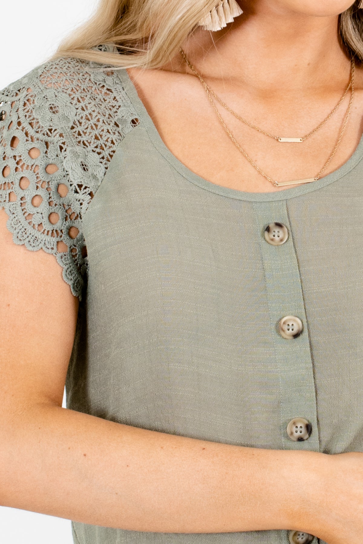 Women's Green Crochet Lace Sleeve Boutique Blouse