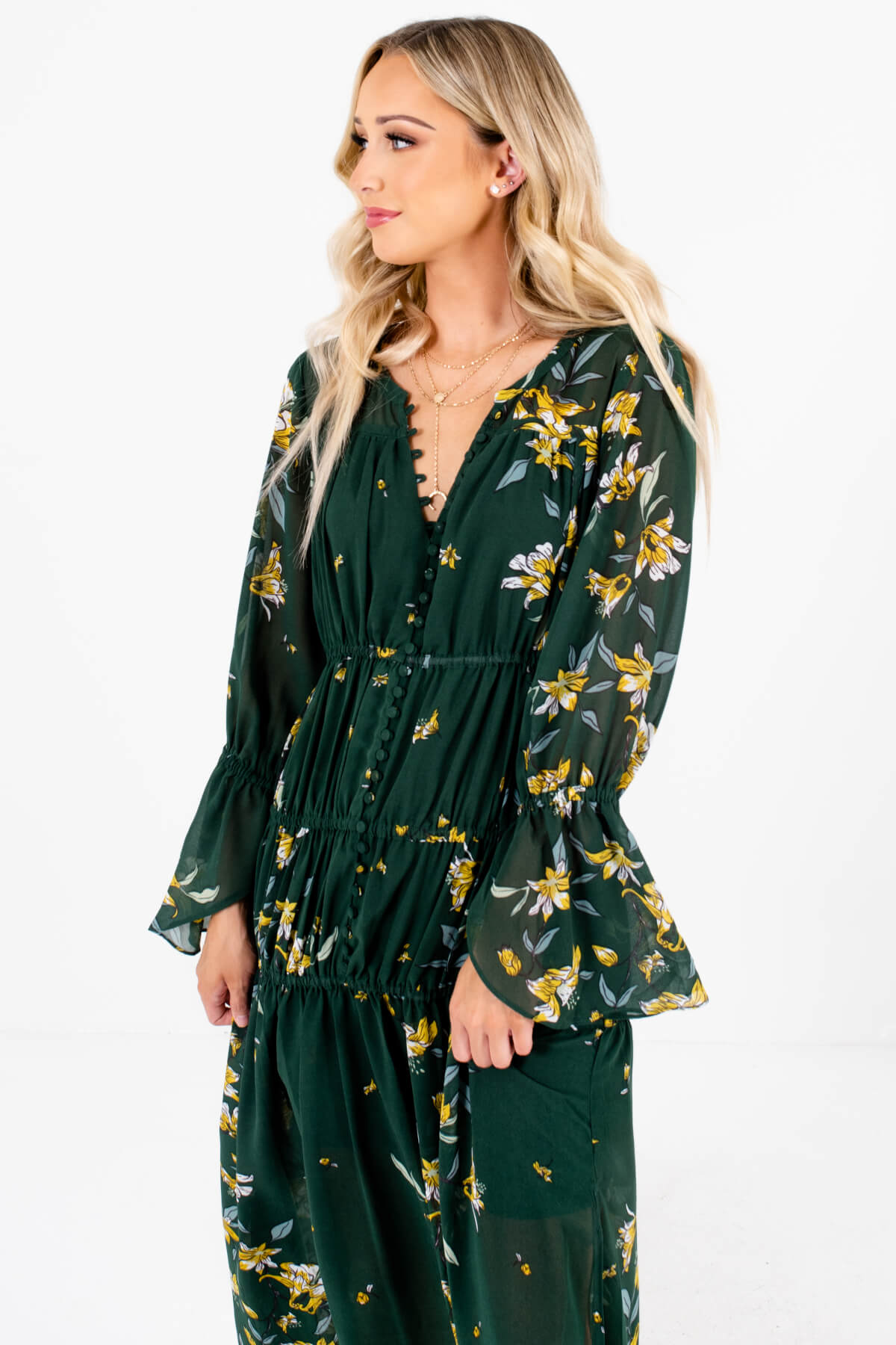 Women's Dark Green Decorative Button Boutique Maxi Dress