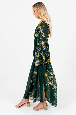 Dark Green Floral Side Hem Slit Boutique Maxi Dresses for Women