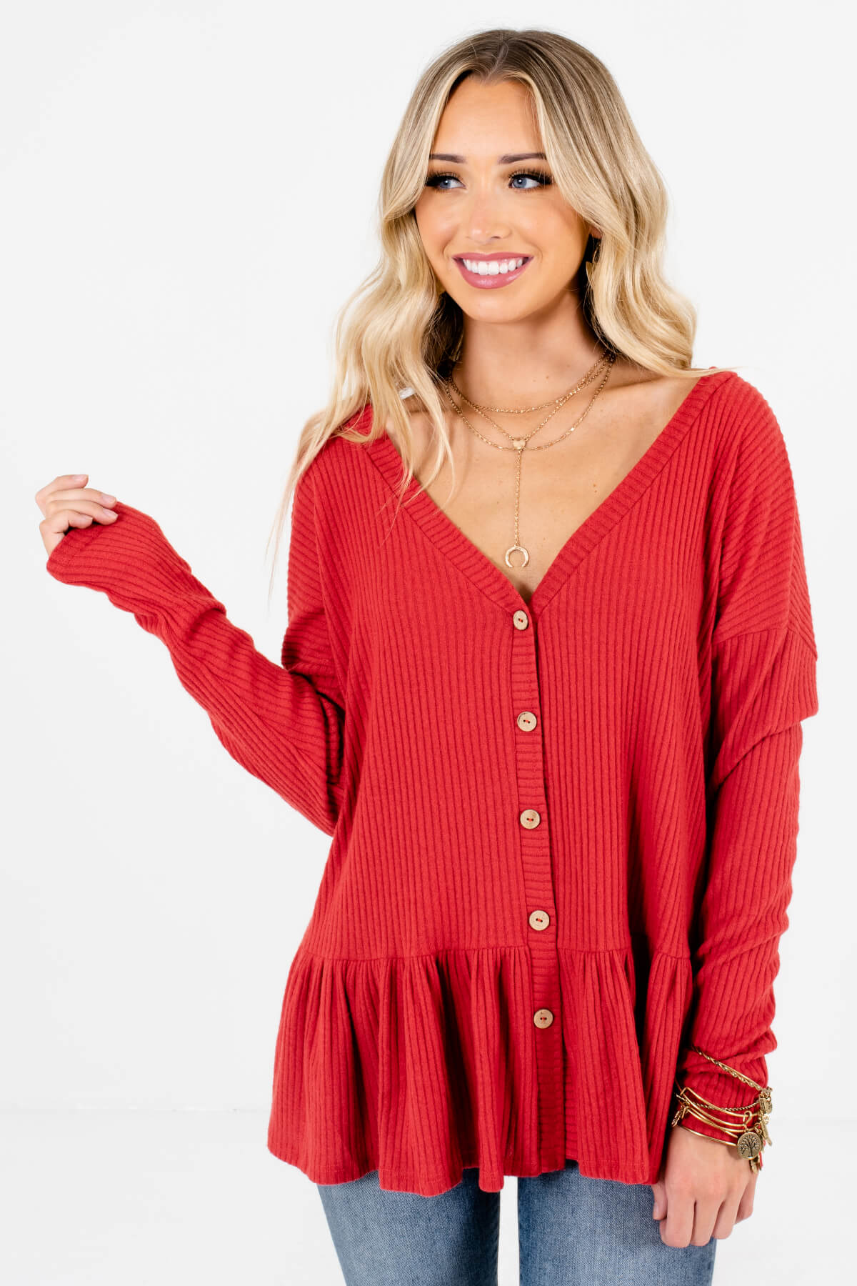 Red Wooden Button-Up Front Boutique Tops for Women