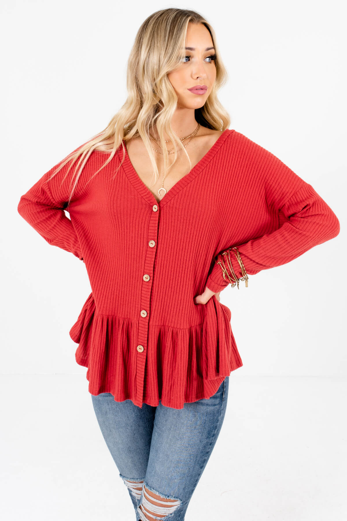 Women's Red Long Sleeve Boutique Tops
