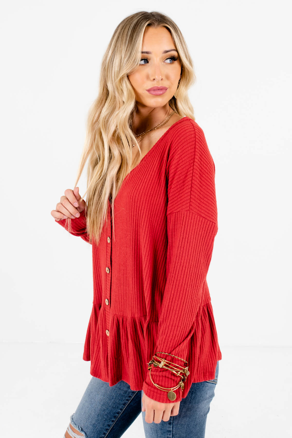 Red Soft Ribbed Material Boutique Tops