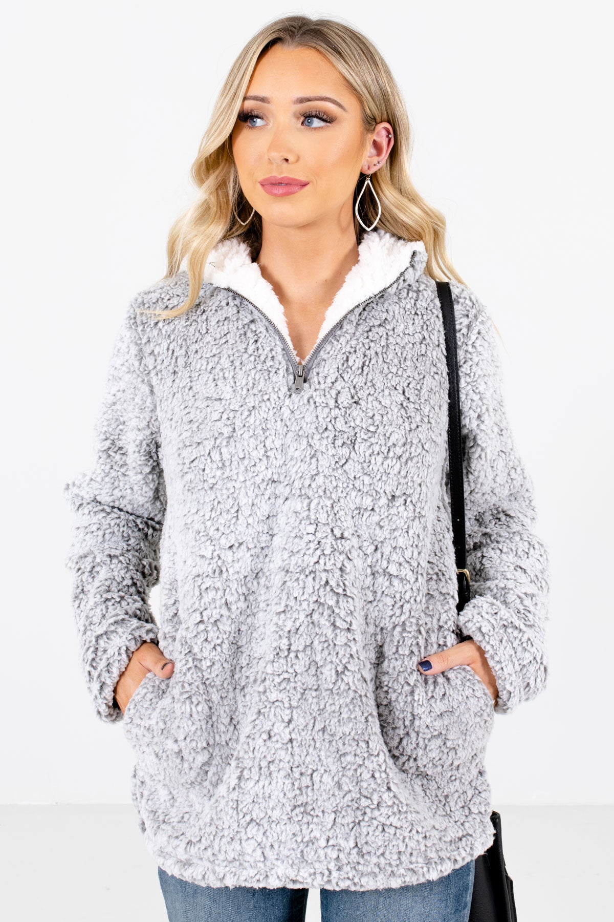 Gray Faux Sherpa Material Boutique Pullovers for Women