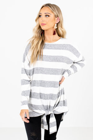 Gray and White Stripe Patterned Boutique Tops for Women