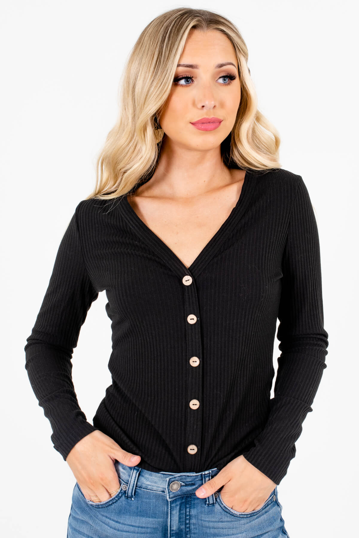 Black Ribbed Material Boutique Long Sleeve Tops for Women
