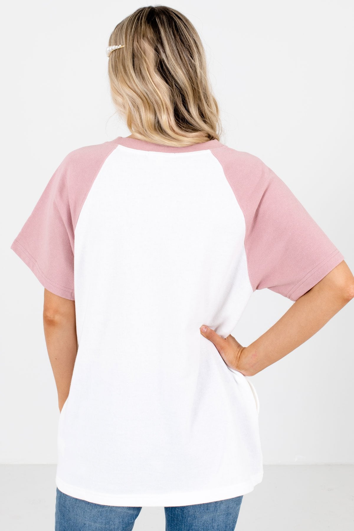 Women's White and Pink Boutique Tee with Pockets