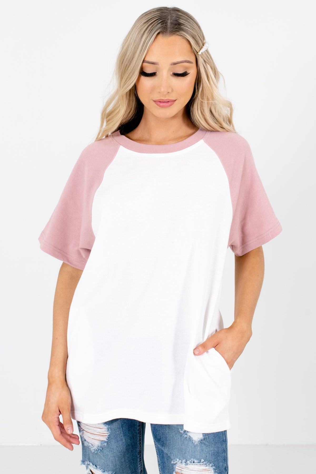 White and Pink Raglan Style Boutique T-Shirts for Women