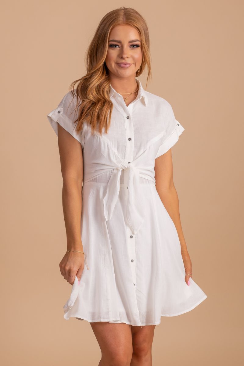 White Button-Up Front Boutique Mini Dresses for Women