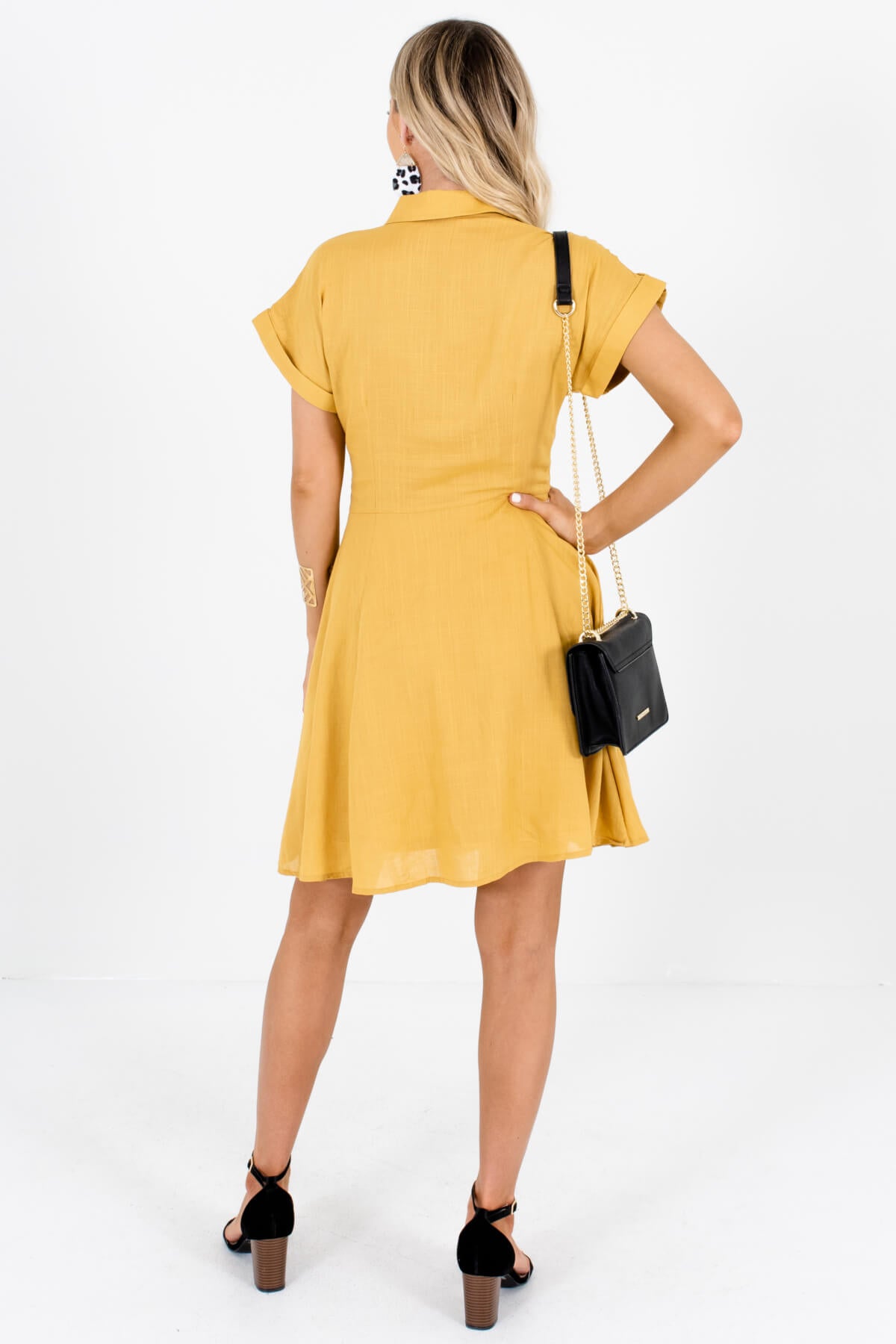 Women's Mustard Yellow Self-Tie Front Detail Boutique Mini Dress