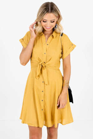 Mustard Yellow Button-Up Front Boutique Mini Dresses for Women