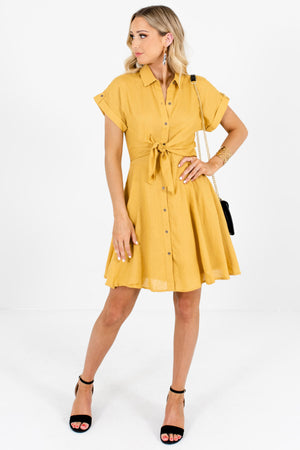 Women's Mustard Yellow Cuffed Sleeve Boutique Mini Dresses