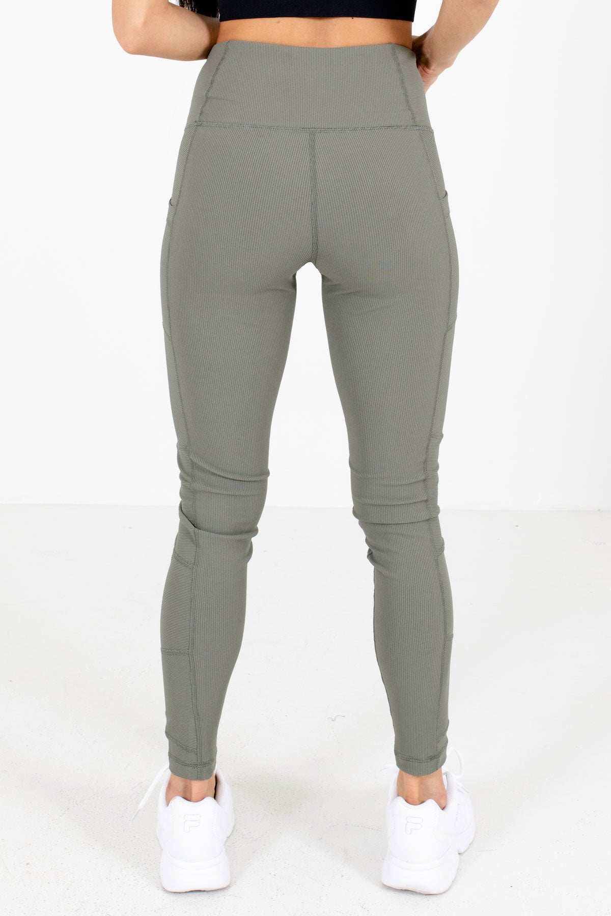 Women's Olive Green Boutique Active Leggings with Thigh Pockets