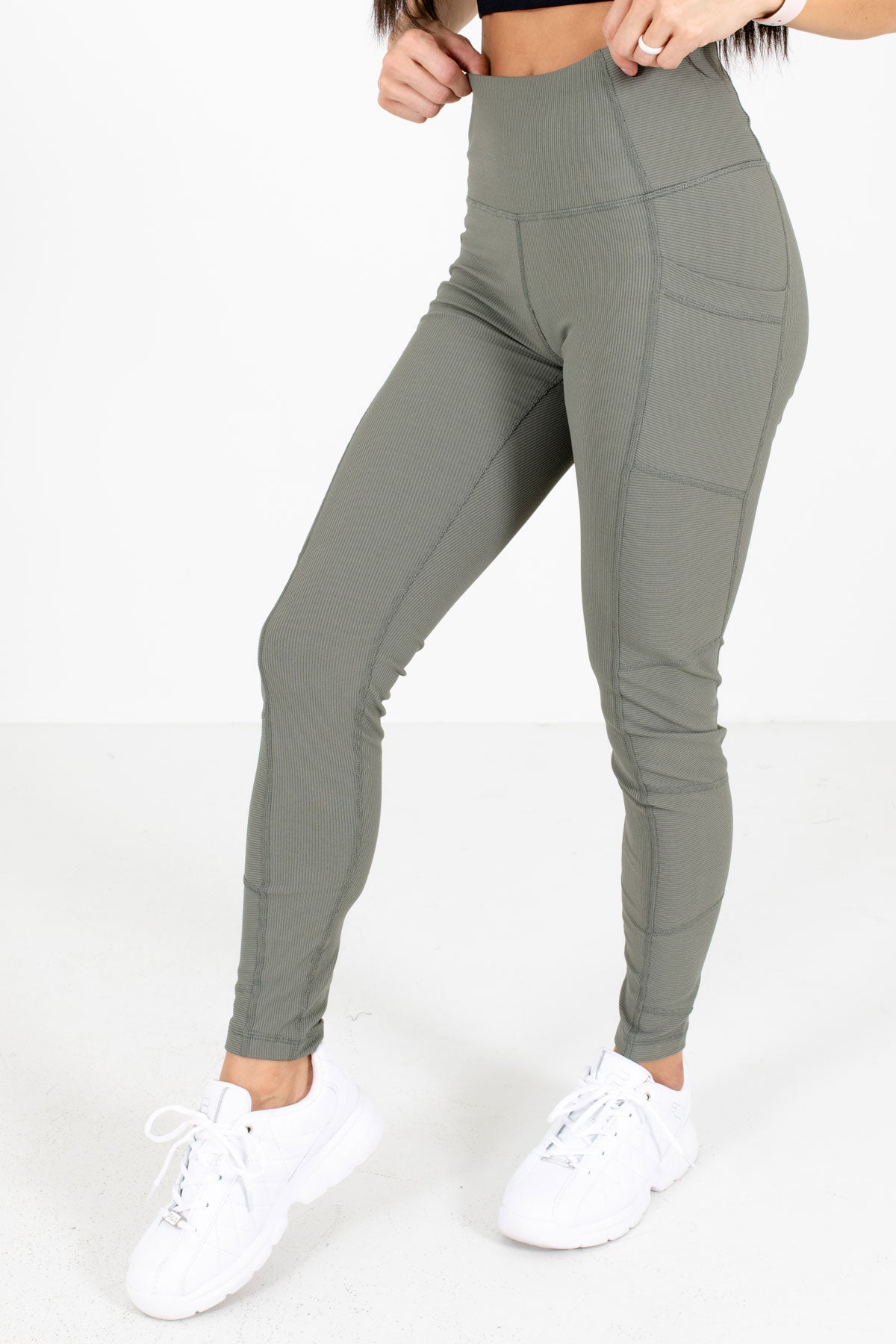 Olive Green High-Quality Ribbed Boutique Active Leggings for Women