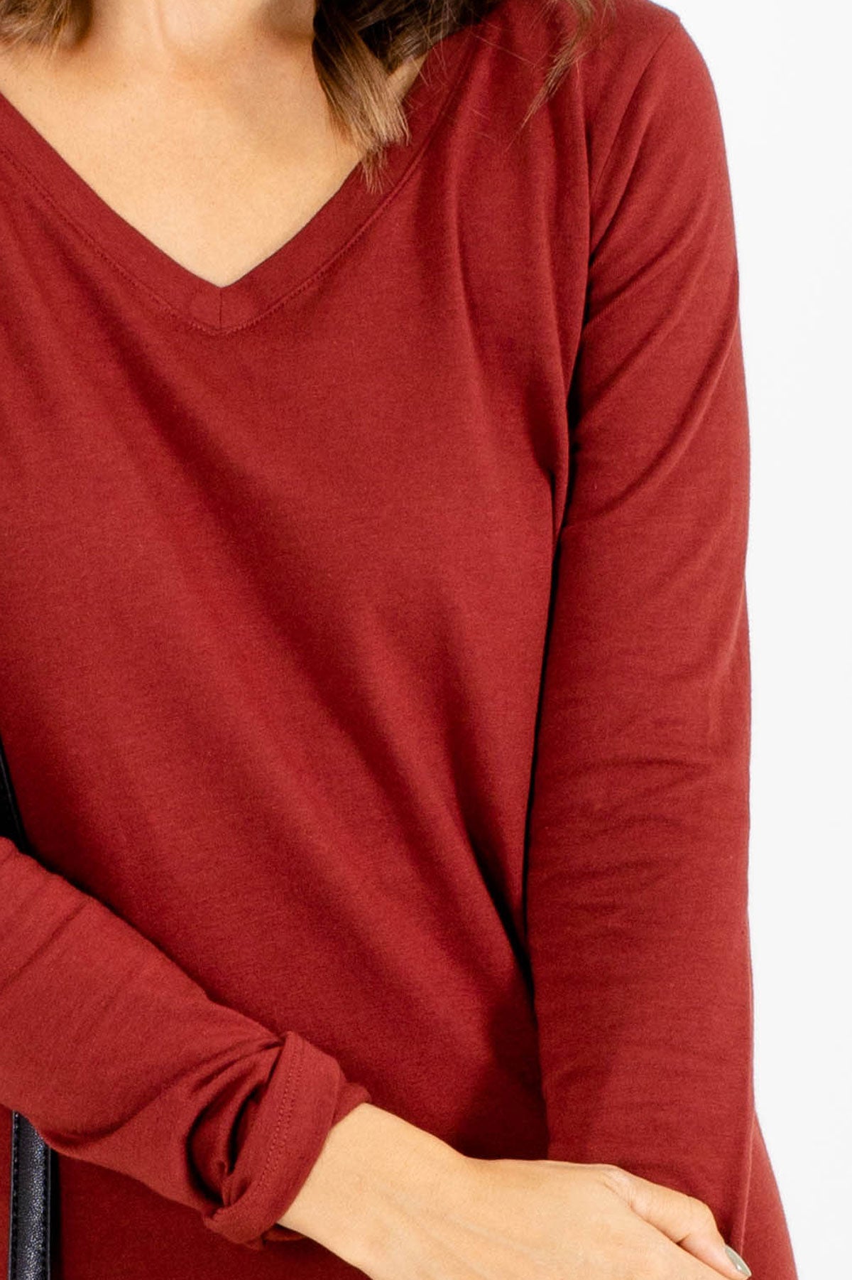 V Neck Long Sleeve Top in Rust Red for Women
