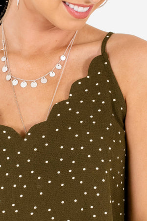 Olive Green Ivory Polka Dot Scalloped Tank Tops Boutique