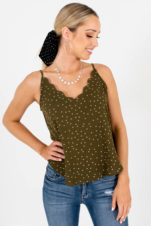 Olive Green Ivory Polka Dot Print Scalloped Tank Tops