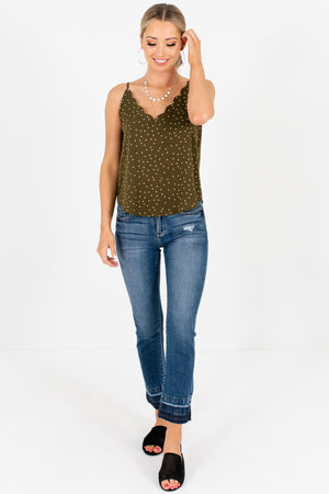 Olive Green Polka Dot Scalloped Tank Tops Affordable Boutique